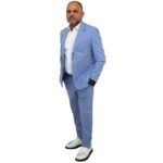 Men’s Slim Fit Light Blue Pinstripe Casual Suit Set – 2-Piece Jacket & Trousers with Red Tie - Image 4