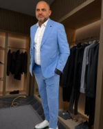 Men’s Slim Fit Light Blue Pinstripe Casual Suit Set – 2-Piece Jacket & Trousers with Red Tie - Image 2