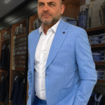 Men’s Slim Fit Light Blue Pinstripe Casual Suit Set – 2-Piece Jacket & Trousers with Red Tie