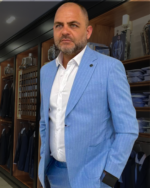 Men’s Slim Fit Light Blue Pinstripe Casual Suit Set – 2-Piece Jacket & Trousers with Red Tie